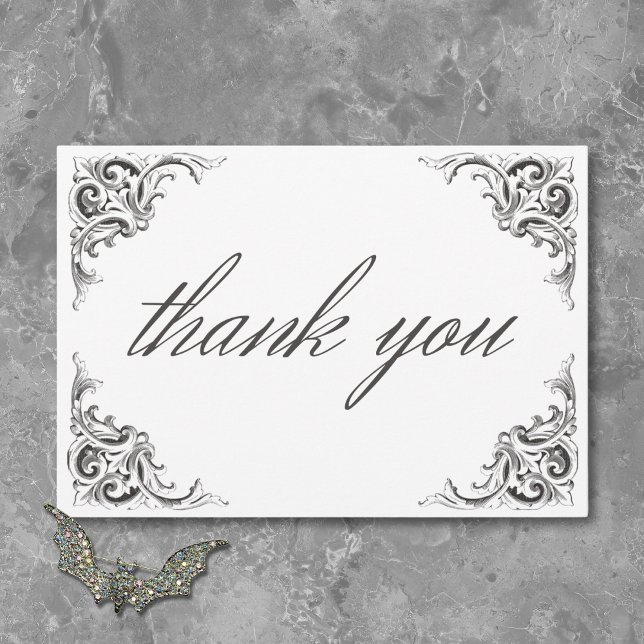 Carte De Remerciements Mariage noir et blanc jusqu'à la mort de la chauve (Victorian Bat Until Death Black White Wedding Thank You Card)