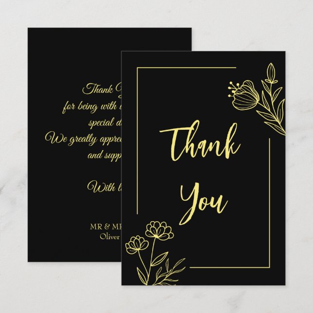 Carte De Remerciements Mariage noir fleur d'or simple (Devant / Derrière)