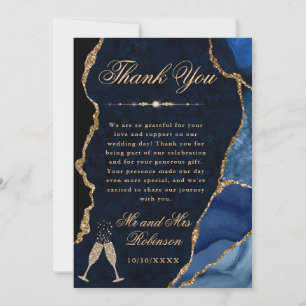 Carte De Remerciements Mariage Paillettes de Bleu et d'Or Agate & Marbre