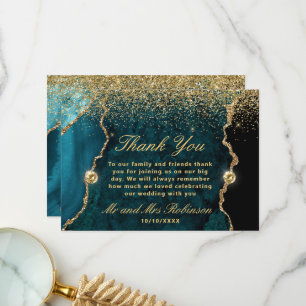 Carte De Remerciements Mariage Paillettes Turquoise et Or Agate
