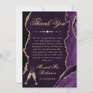 Carte De Remerciements Mariage Paillettes Violet et Or Agate & Marbre