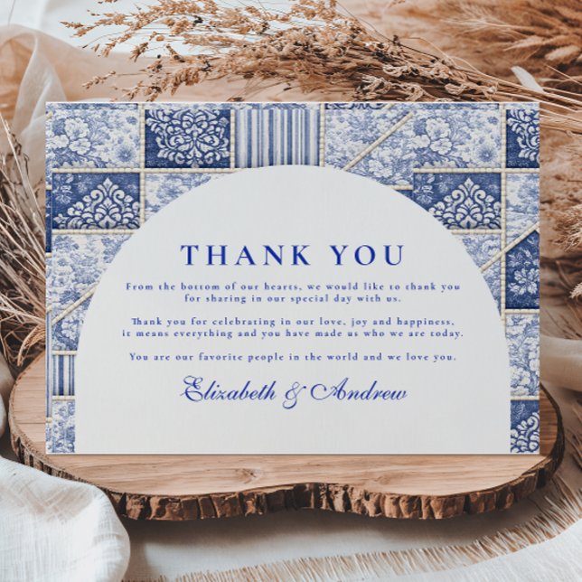 Carte De Remerciements Mariage Patchwork Toile Bleu de Delft (Créateur téléchargé)