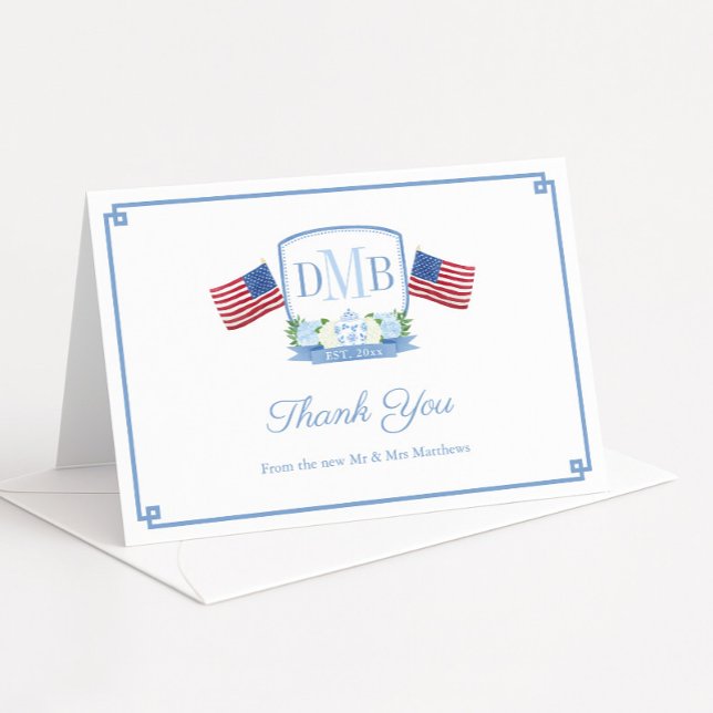 Carte De Remerciements Mariage Patriotique Rouge Blanc Et Bleu Monogramme (Elegant and patriotic monogram crest with three letters, USA flags, hydrangeas and ginger jar)