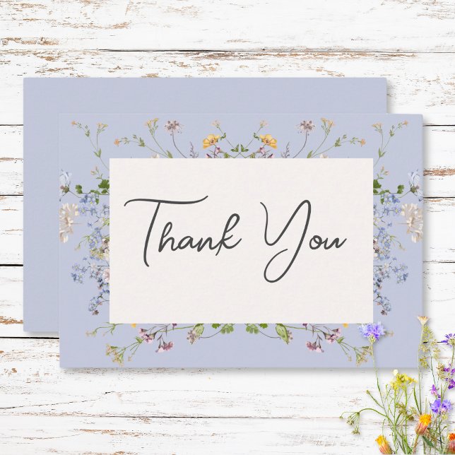 Carte De Remerciements Mariage périphérique Boho Fleurs sauvages Delicate (Delicate Boho Wildflowers Periwinkle Wedding Thank You Card)