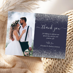 Carte De Remerciements Mariage personnalisé avec photo, paillettes argent