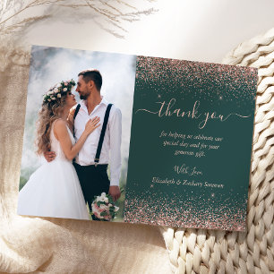 Carte De Remerciements Mariage personnalisé avec photo, vert foncé, rose