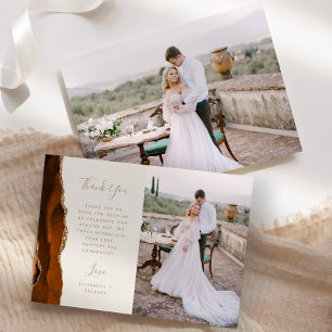 Carte De Remerciements Mariage Photo Agate Orange Brûlé Ivoire Or Écritur