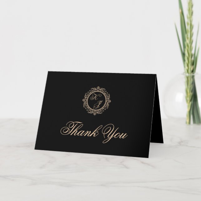 Carte De Remerciements Mariage photo Black Gold Monogram (Devant)