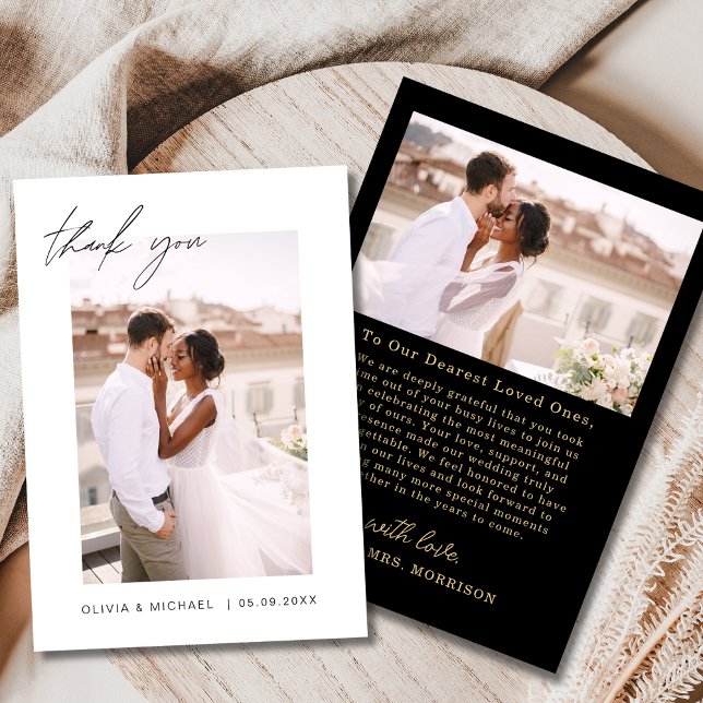 Carte De Remerciements Mariage photo Black Gold Script (Créateur téléchargé)