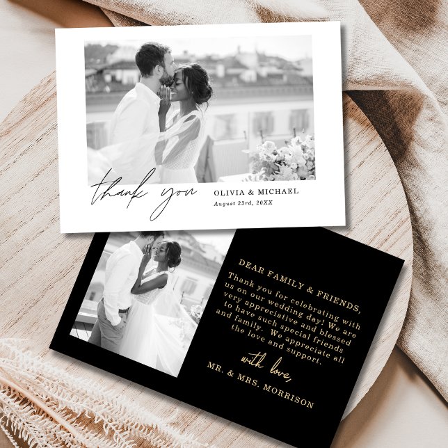 Carte De Remerciements Mariage photo Black & Gold Script (Créateur téléchargé)