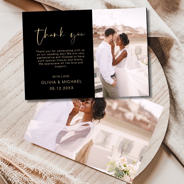 Carte De Remerciements Mariage photo Black Gold Script (Créateur téléchargé)