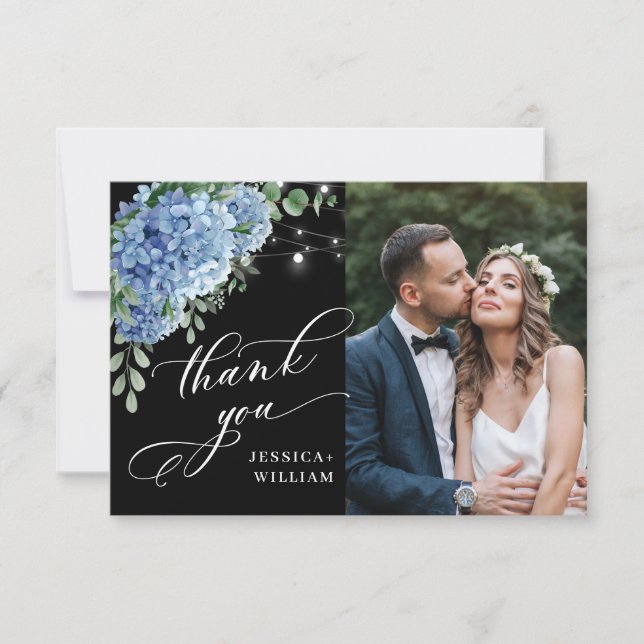 Carte De Remerciements Mariage photo Blue Hydrangea Lantern Black Boho (Devant)