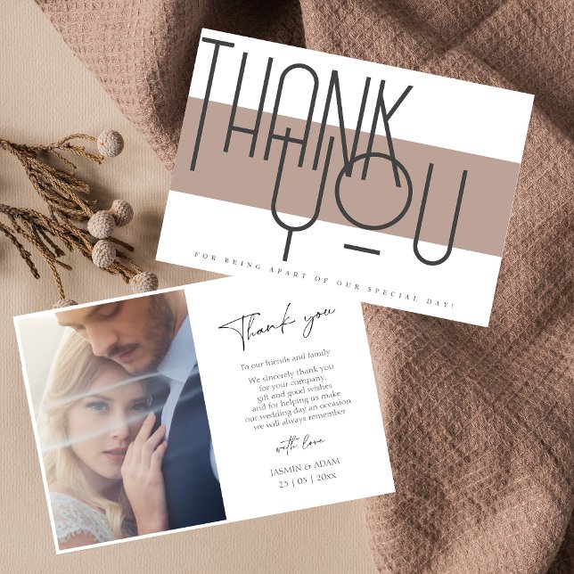 Carte De Remerciements Mariage photo Bold Taupe et Black Typography (Bold Taupe and Black Typography Photo Wedding Thank You Card)