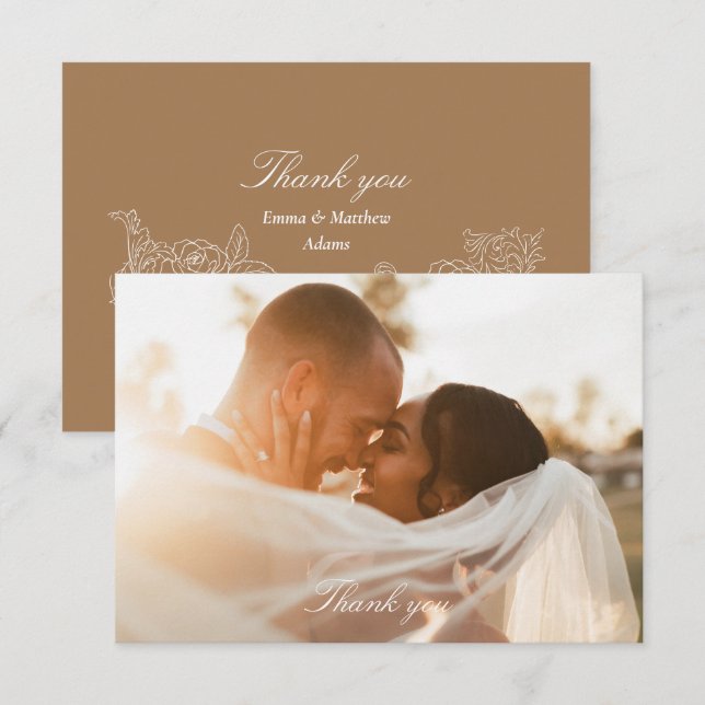 Carte De Remerciements Mariage photo Brown romantique Golden (Devant / Derrière)
