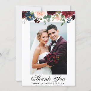 Carte De Remerciements Mariage Photo Burgundy Blue Watercolor Floral