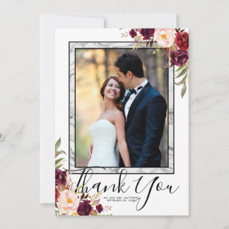 Carte De Remerciements Mariage photo Burgundy Floral Grey Marble Script