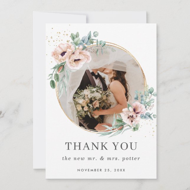 Carte De Remerciements Mariage photo chic Blush Floral Poppy Greenery (Devant)