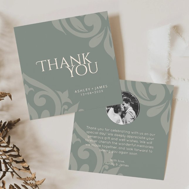 Carte De Remerciements Mariage photo classique Damask Elegant Earthy Oliv (Créateur téléchargé)
