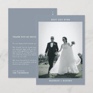 Carte De Remerciements Mariage Photo Classique Minimaliste Bleu Poussière