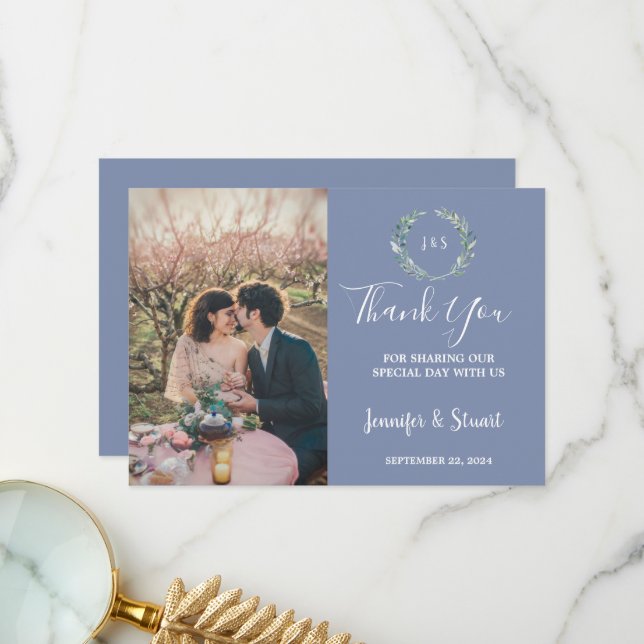 Carte De Remerciements Mariage photo de couleur d'eau rustique feuille mo (Devant/Arrière en situation)