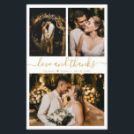 Carte de remerciements Mariage photo de script élé<br><div class="desc">Budget, Moderne, Élégant, manuscrit 3 Photo Collage Gold et Merci Mariage blanc personnalisées abordable carte THIN. Modèle minimaliste mariage avec trois (3) photos à l'avant et (1) une photo à l'arrière. ***VEUILLEZ NOTER! *** LE DOCUMENT BUDGÉTAIRE/VOL EST MINCE. *** METTRE À NIVEAU LE PAPIER POUR UN PAPIER PLUS ÉPAIS. ***...</div>