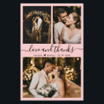 Carte de remerciements Mariage photo de script élé<br><div class="desc">Budget, Moderne, Élégant, Écrit À La Main 3 Photo Collage Soft Rose Mariage Carte de remerciements. Modèle minimaliste mariage avec trois (3) photos à l'avant et (1) une photo à l'arrière. Avec le texte "Amour et merci" script dans une courbe calligraphie lettrée en noir sur rose pastel, ou arrière -...</div>