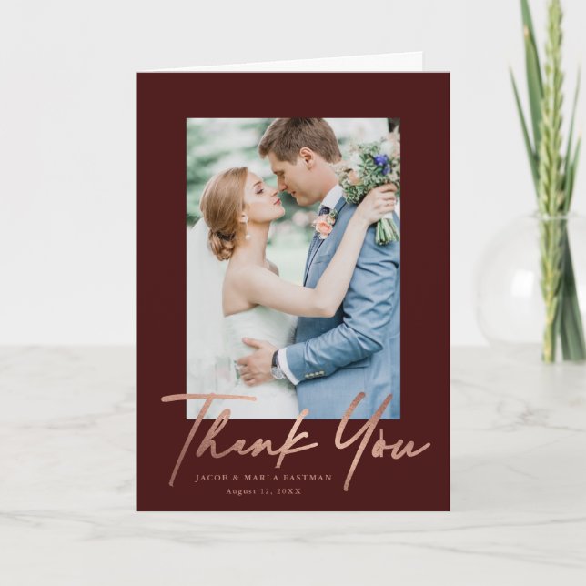 Carte De Remerciements Mariage photo de script Or Rose (Devant)