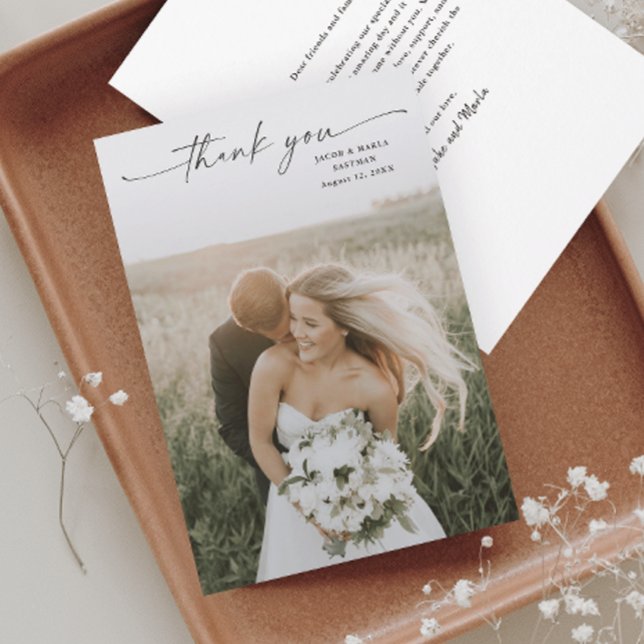 Carte De Remerciements Mariage photo de script simple (Elegant script wedding photo thank you card.)