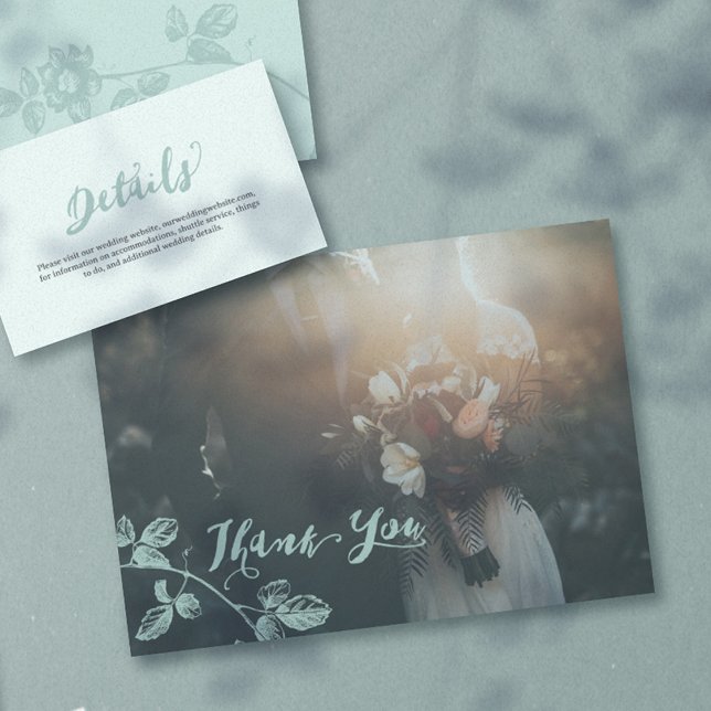 Carte De Remerciements Mariage photo de script Turquoise rustique (Rustic Whimsical Floral Wedding thank you card)