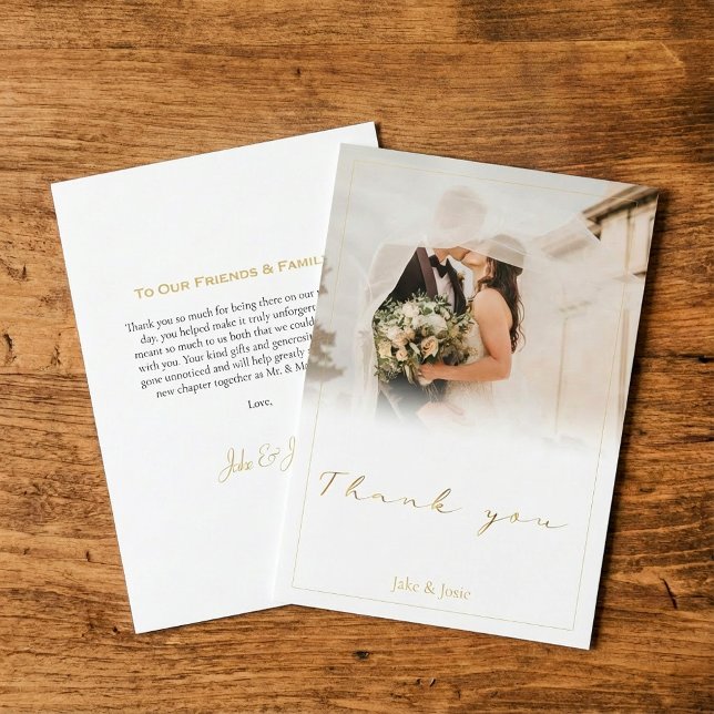 Carte De Remerciements Mariage photo dégradé blanc, script or mariage (Wedding photo white gradient, gold script wedding thank you card.)