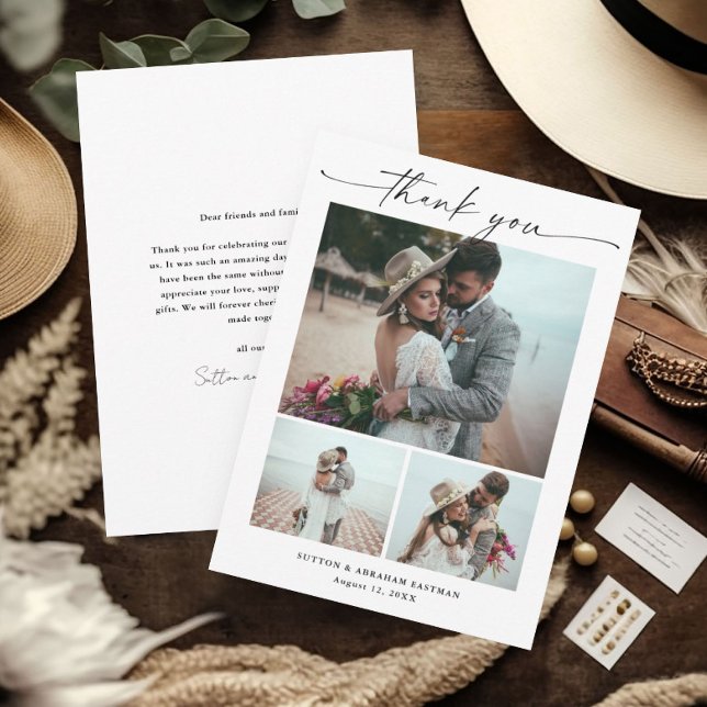 Carte De Remerciements Mariage Photo Écriture Moderne 3 (Elegant 3 photo wedding thank you card with modern handwritten script typography.)