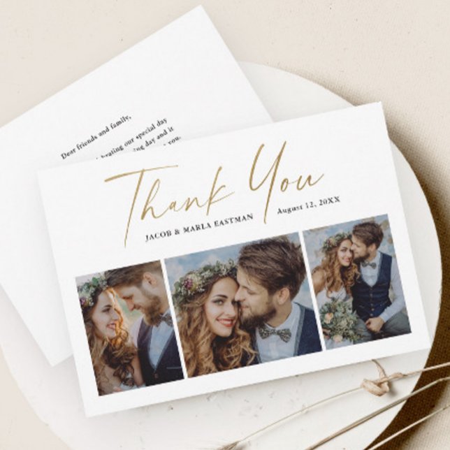 Carte De Remerciements Mariage Photo Écriture Moderne Or 3 (Modern gold script 3 photo collage wedding thank you cards.)