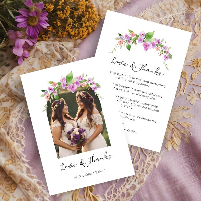 Carte De Remerciements Mariage photo élégant aux tons violets (Stylish Purple Shades Floral Arch Photo Wedding Thank You Card.)