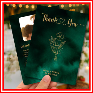 Carte De Remerciements Mariage photo Emerald Green & Gold Fleur sauvage