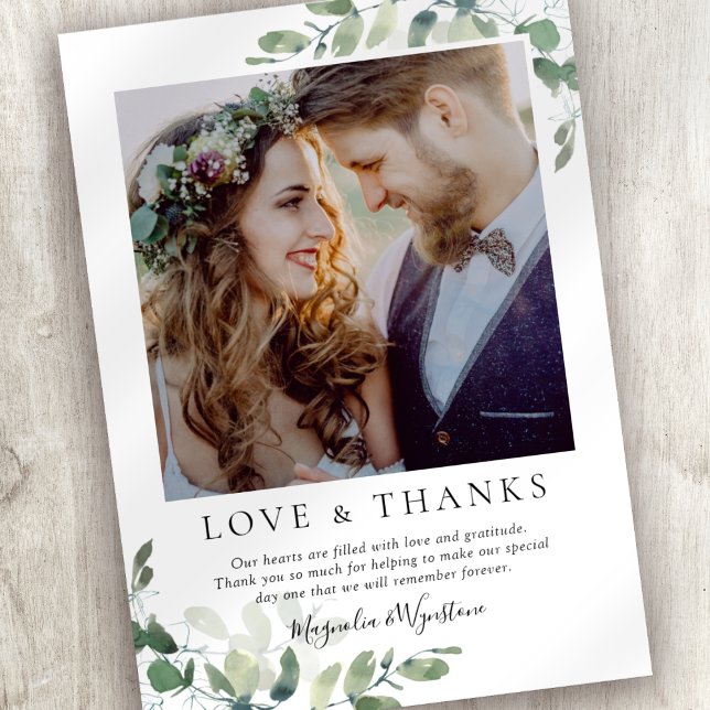 Carte De Remerciements Mariage photo Eucalyptus (Thank friends and family for celebrating your wedding with this eucalyptus photo thank you card. )