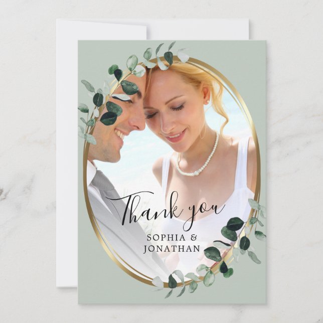 Carte De Remerciements Mariage photo Eucalyptus Gold Elegant Script Sage (Devant)
