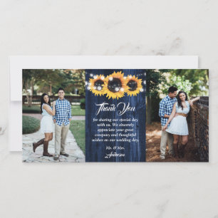 Carte De Remerciements Mariage Photo Fleurs Jaunes Bois Grange Bleu Marin