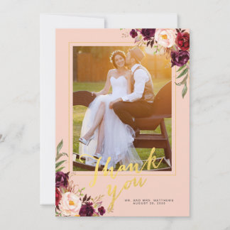 Carte De Remerciements Mariage photo Floral Burgundy Pink Gold