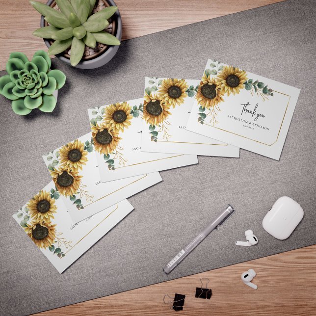 Carte De Remerciements Mariage photo floral de tournesol Eucalyptus (Floral Greenery Photo Wedding  Script Thank You Photo Card)