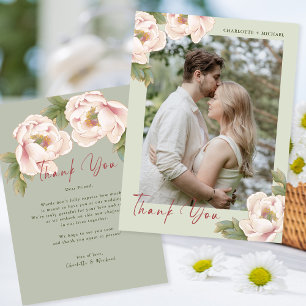 Carte De Remerciements Mariage photo floral Sage romantique & Blush Peony