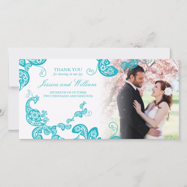 Carte De Remerciements Mariage photo floral turquoise Peacock élégant (Devant)