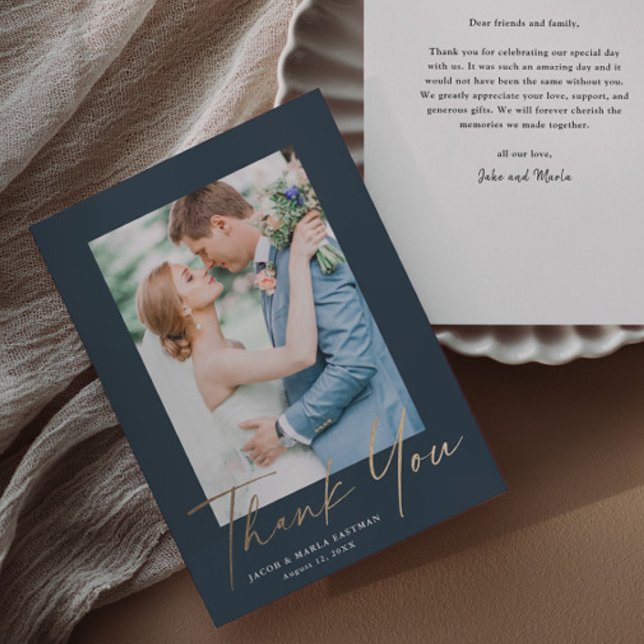 Carte De Remerciements Mariage photo Gold Script (Elegant gold script wedding photo thank you cards.)