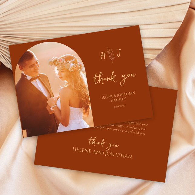 Carte De Remerciements Mariage photo moderne Burnt Orange (Modern Burnt Orange Photo Monogram Wedding Thank You Card)