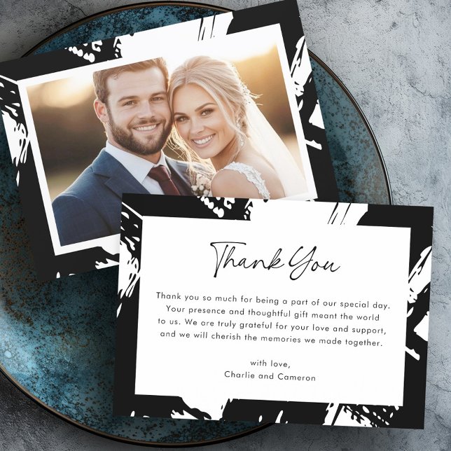 Carte De Remerciements Mariage photo moderne noir désordre (Modern black messy brushstrokes photo wedding thank you card)