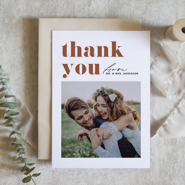 Carte De Remerciements Mariage Photo Moderne Typographie Rétro Terracotta (Créateur téléchargé)