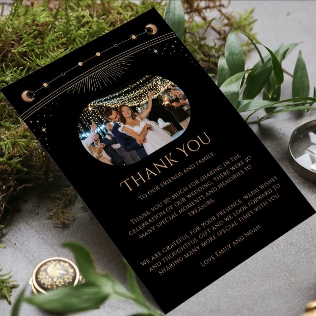 Carte De Remerciements Mariage photo Mystical Chic Black Gold Star Moon (Créateur téléchargé)
