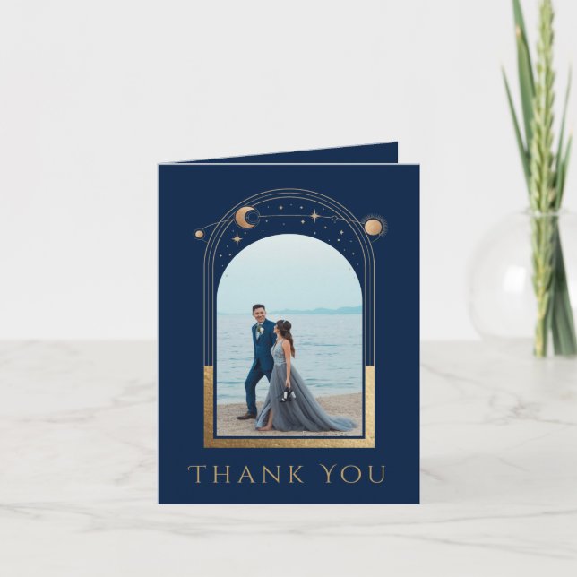 Carte De Remerciements Mariage photo Mystical Chic Blue Gold Star Moon (Devant)