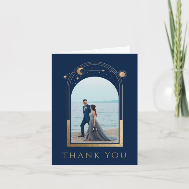 Carte De Remerciements Mariage photo Mystical Chic Blue Gold Star Moon (Devant)