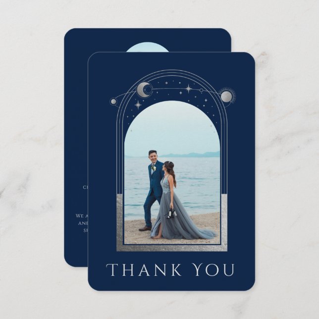 Carte De Remerciements Mariage photo Mystical Chic Blue Silver Star Moon (Devant / Derrière)