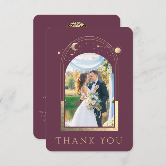 Carte De Remerciements Mariage photo Mystical Chic Plum Gold Star Moon (Devant / Derrière)